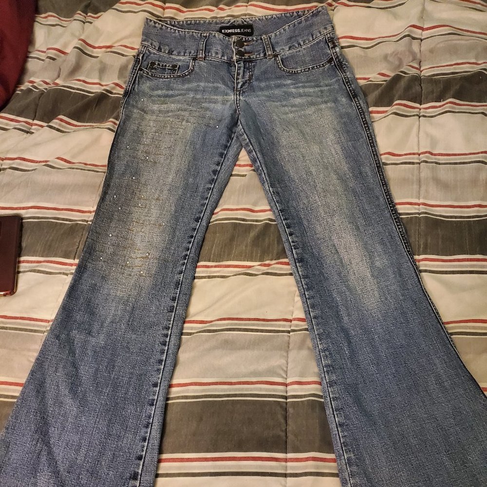 Embellished bootcut jeans. Express, size 3/4